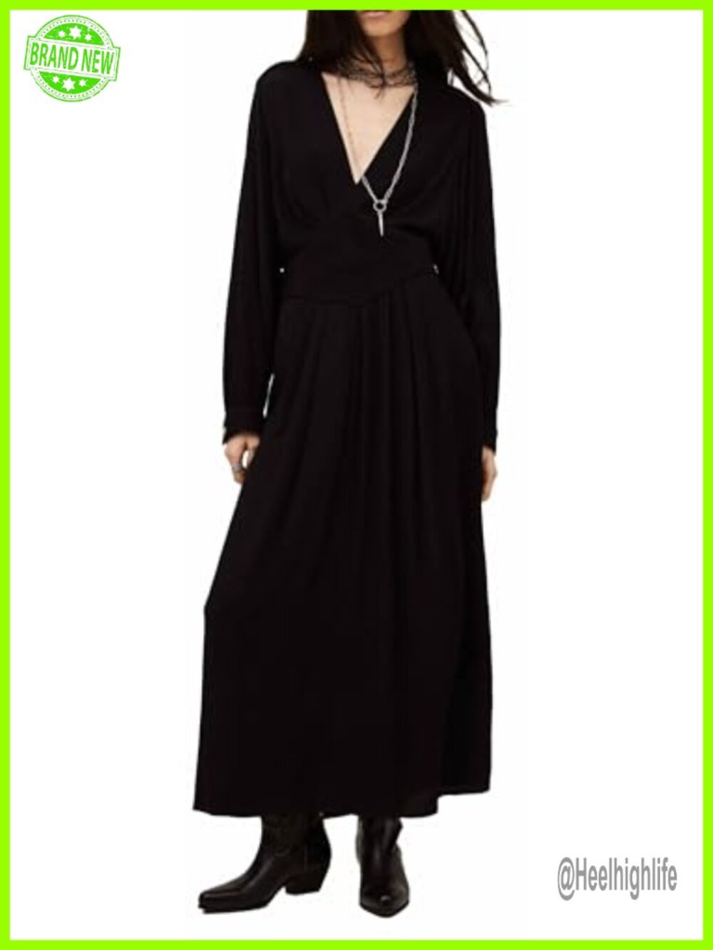 Elegant Midi Dress V-Neck Long Sleeve Frill Waist Quilted Yokes